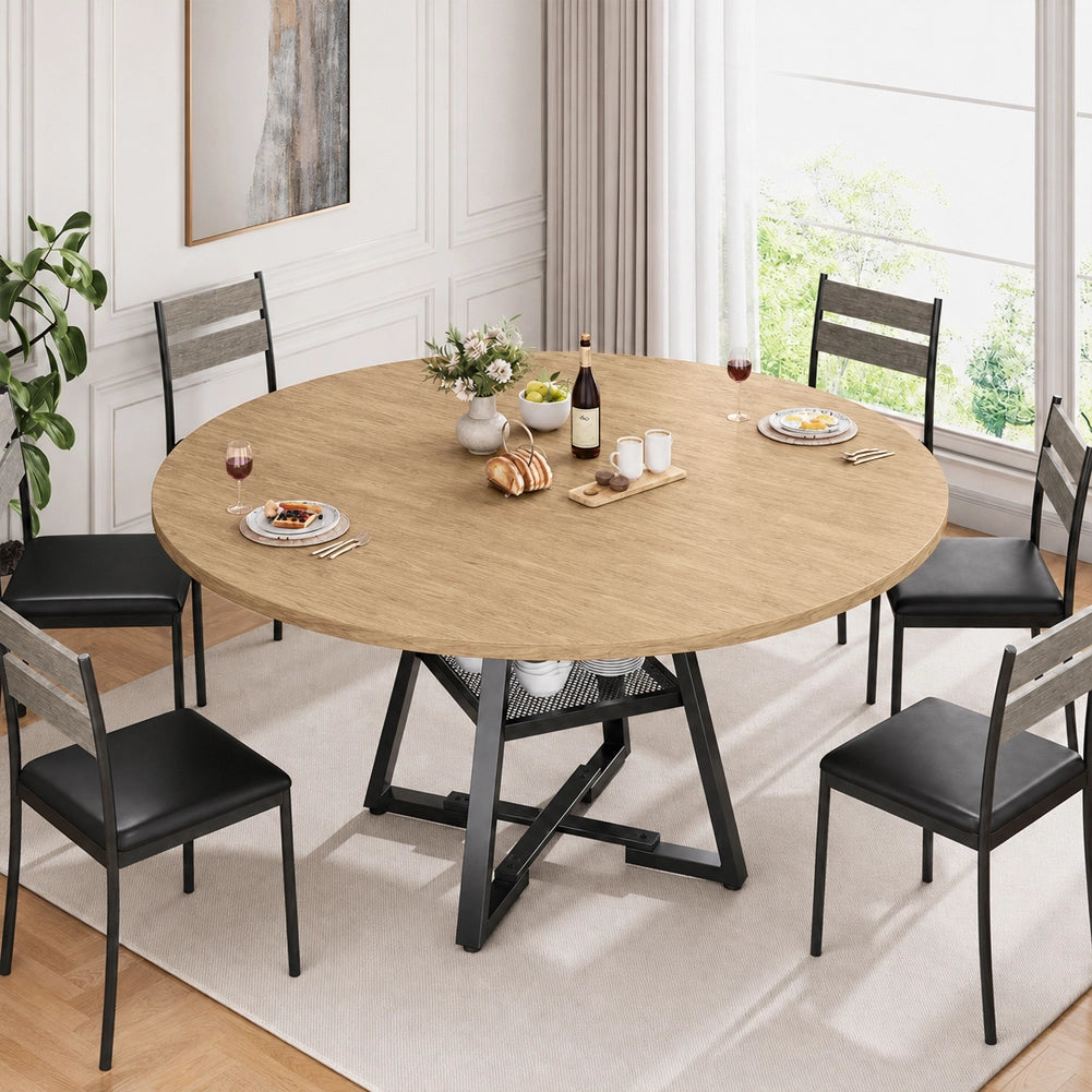 Tavolo per Sala da Pranzo Tondo Naturale con Ripiano Portaoggetti 120x120x76cm