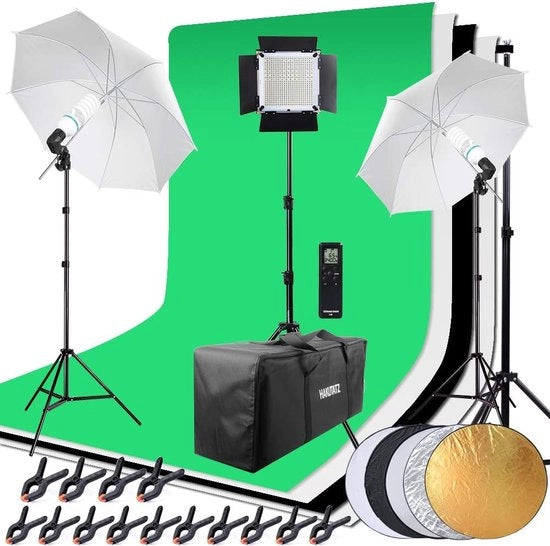 Kit di Illuminazione Fotografica Professionale LED Continuo con Sistema di Fondali e Copertura Protettiva
