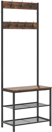 Appendiabiti Panca Porta Scarpe 3 in 1, Scaffale per Scarpe a 2 Livelli con Sedile e 7 Ganci, per Corridoio/Ingresso, Metallo + Legno Ingegnerizzato, Nero + Marrone Rustico, 60x31,5x170cm