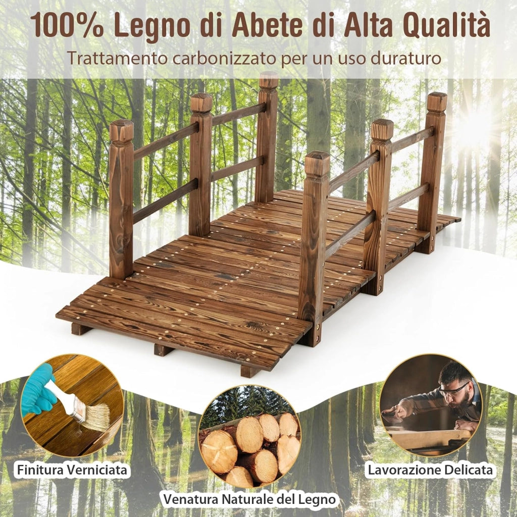 Ponte da Giardino in Legno, Ponte Decorativo ad Arco con Doppie Sbarre di Sicurezza, Struttura in Abete per Percorso Esterno per Cortile, Strada di Ghiaia, Ruscello, Fattoria (Legno)