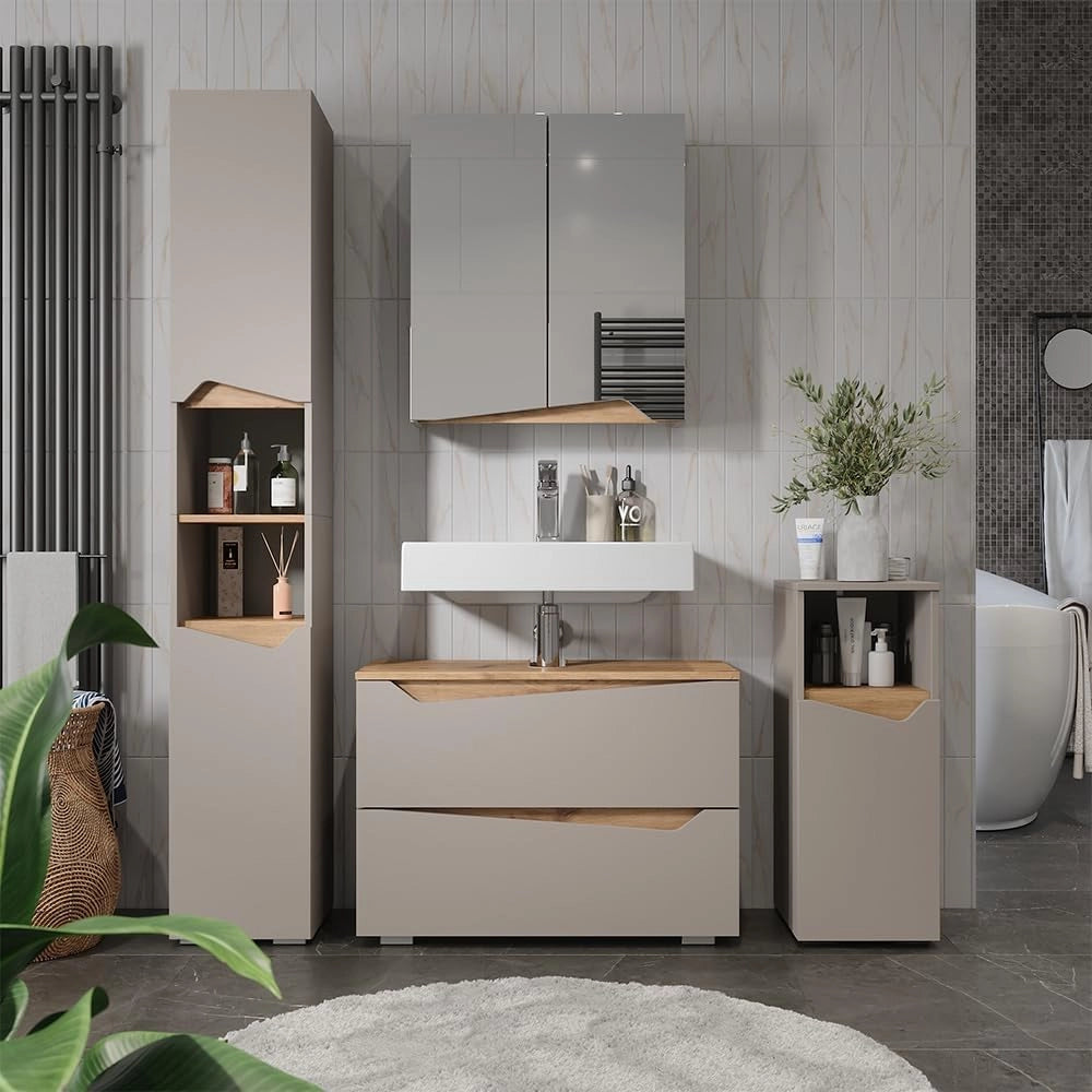 Mobile sottolavabo per bagno Marelle, Grigio, 80 x 57.5 cm con 2 cassetti, adatto per l'installazione sotto lavabi standard