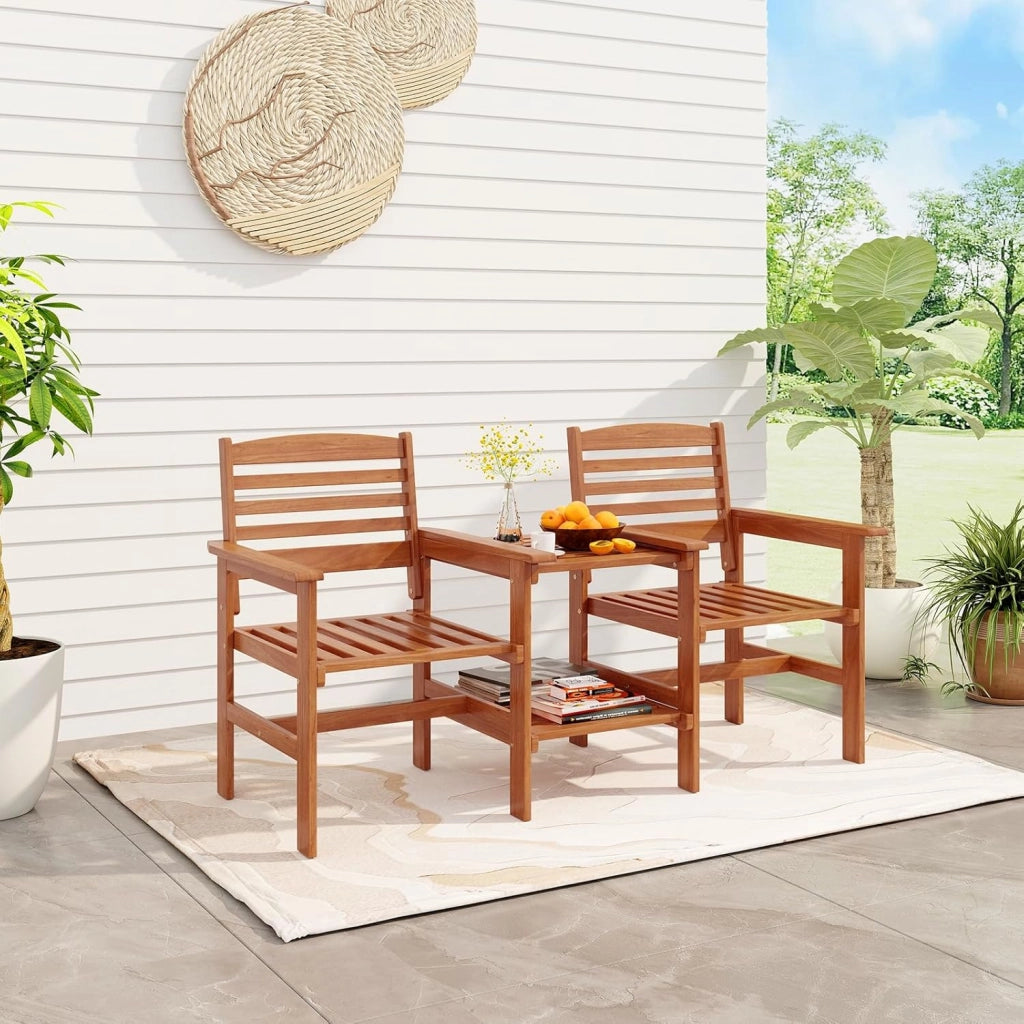 Sedia doppia per terrazza con foro da 4 cm, set di conversazione a 2 posti con tavolo a 2 livelli, set di mobili in legno