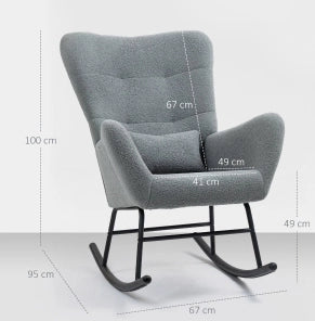 Poltrona a dondolo 95x67x100 cm in tessuto peluche grigio， con braccioli e tasca