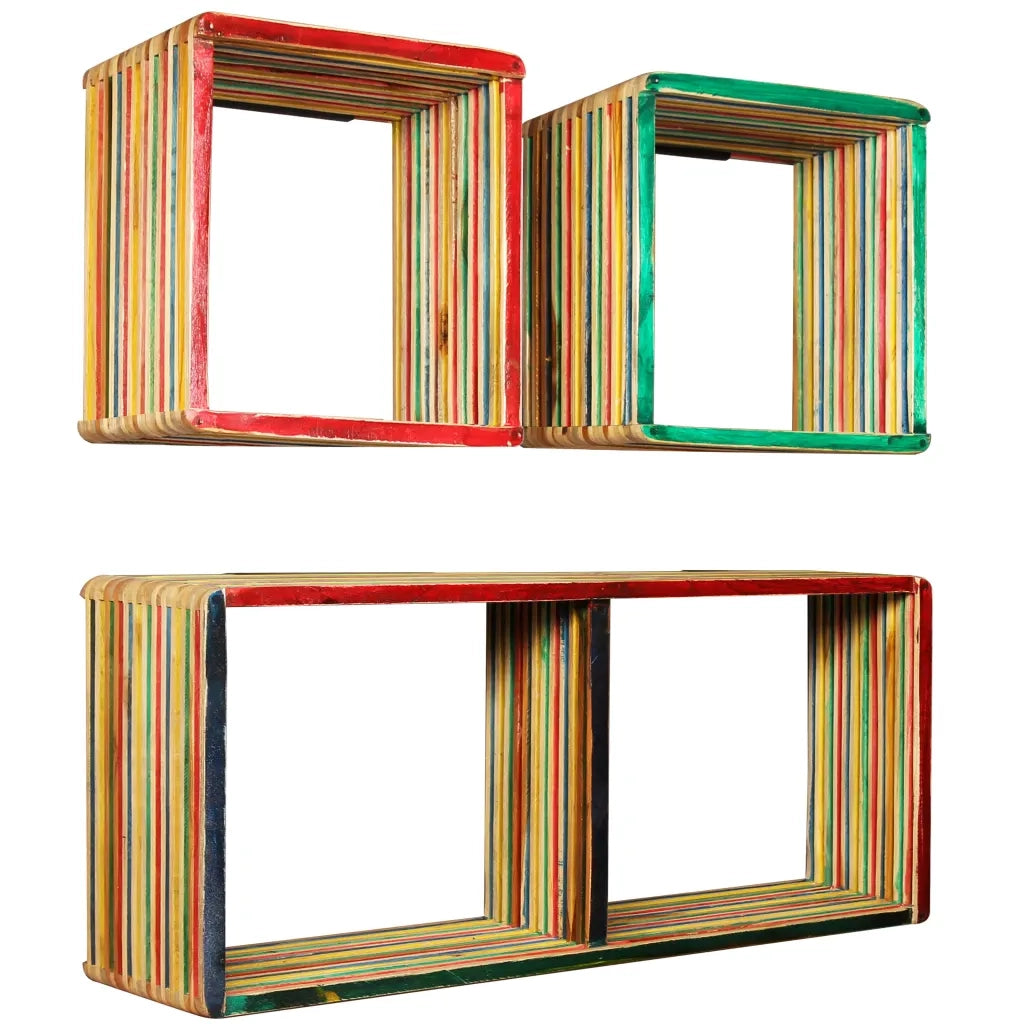 3 pz Set di Mensole | Ripiano | Scaffale in Massello di Teak di Recupero Multicolore