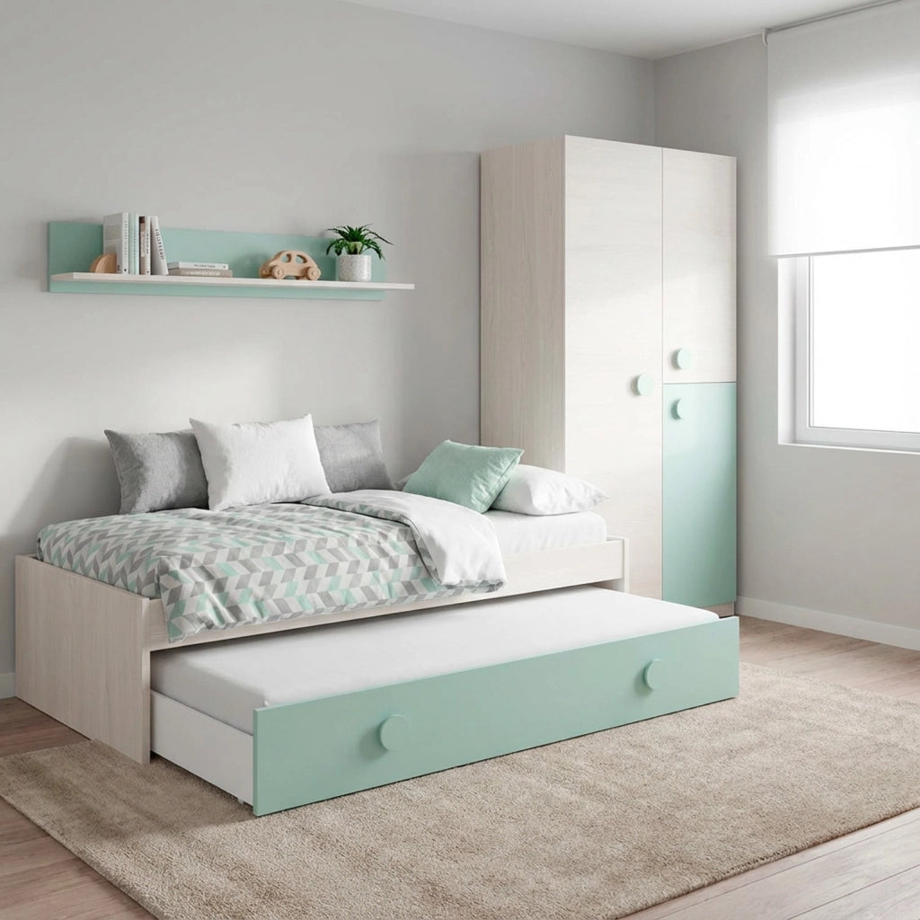 Mobile Guardaroba Compatto Armadio  Con Barra Appendiabiti E Ripiani Ideale Per Cameretta E Camera Da Letto Design Moderno 200 X 90 X 52 Cm Bianco Alpi E Verde Acqua