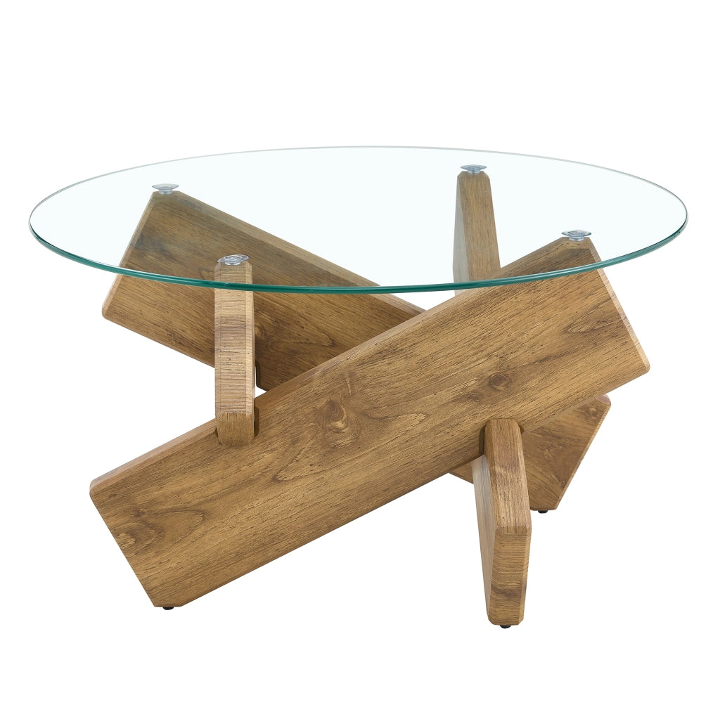 Tavolino da caffè rotondo in MDF e vetro, design a croce, Ø 79 cm