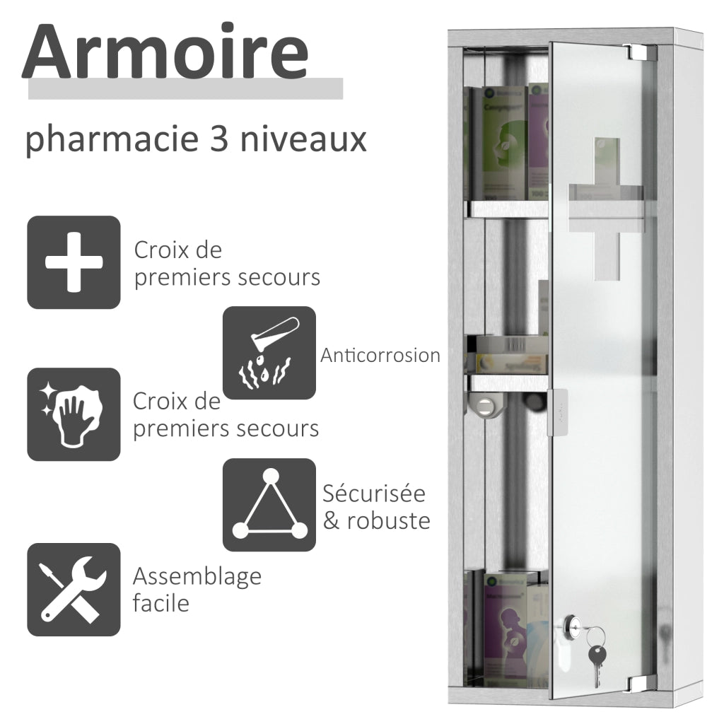 Armadio Farmacia 2 Ripiani 3 Livelli ¨C Minimal ¨C 20x12x58 cm Porte Vetro Temperato Acciaio Inox