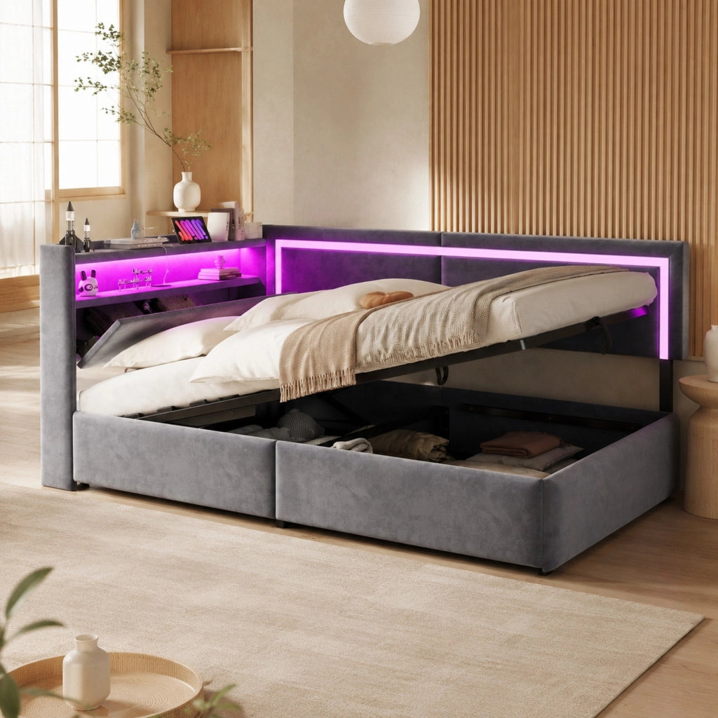 Divano letto 90x200 cm con contenitore; LED e USB in velluto grigio