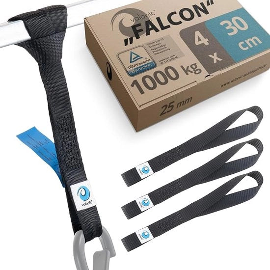 Set di cinghie robuste, 4 pezzi, 30 cm di lunghezza, neri, 25 mm di larghezza, con una capacità di carico di 1000 kg e una carico di lavoro di 1 tonnellata. Ideale per fissare motocicli, quad, ATV, biciclette e per l'uso di slittini e luci doppie.