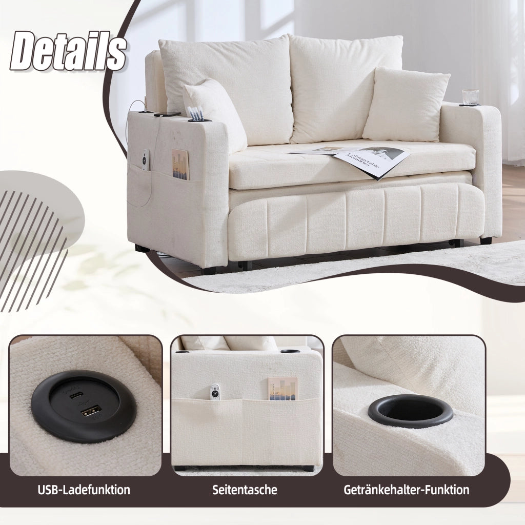 Divano letto pieghevole con tasche laterali e 4 cuscini in chenille beige