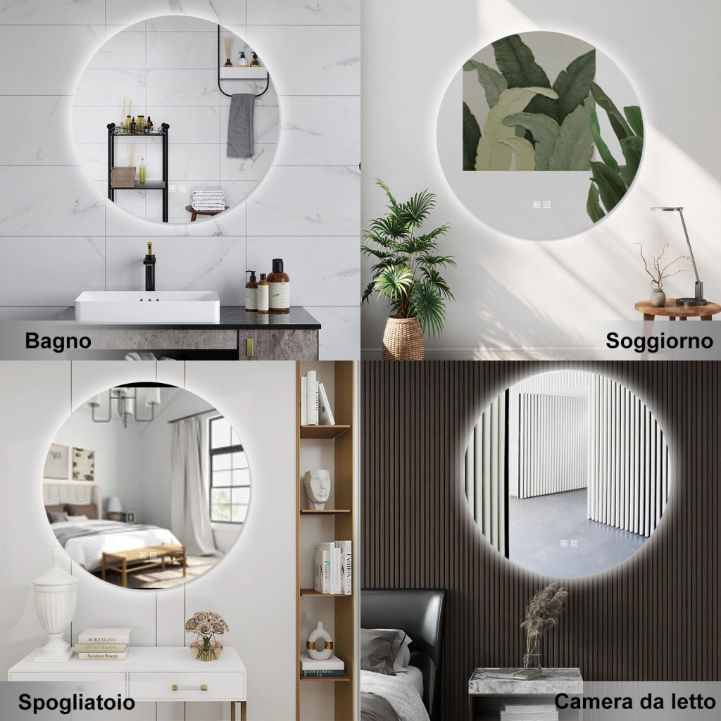 AICA Specchio da bagno 80 x 80 cm, 3 colori, antiappannamento, dimmerabile, interruttore touch, Funzione Memoria