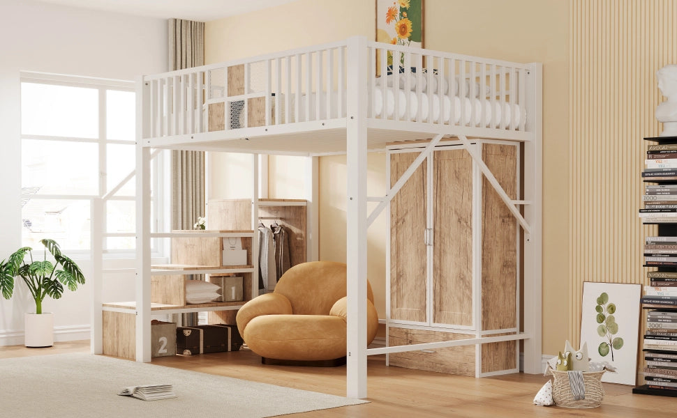 LETTO A SOPPALCO 140x200 cm Bianco in metallo e legno con armadio e scala
