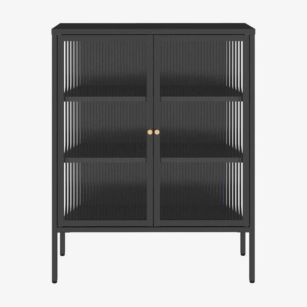 Credenza Vinterhavn in Acciaio Nero con 2 Ante in Vetro Scanalato 100x80x30 cm [en.casa]