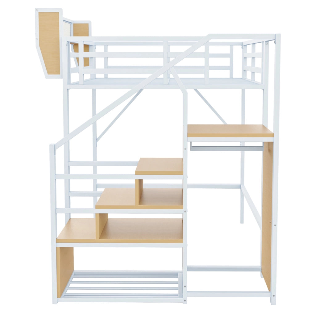 Letto a soppalco 140x200 cm in metallo con scala di sicurezza e ripiano flessibile; bianco