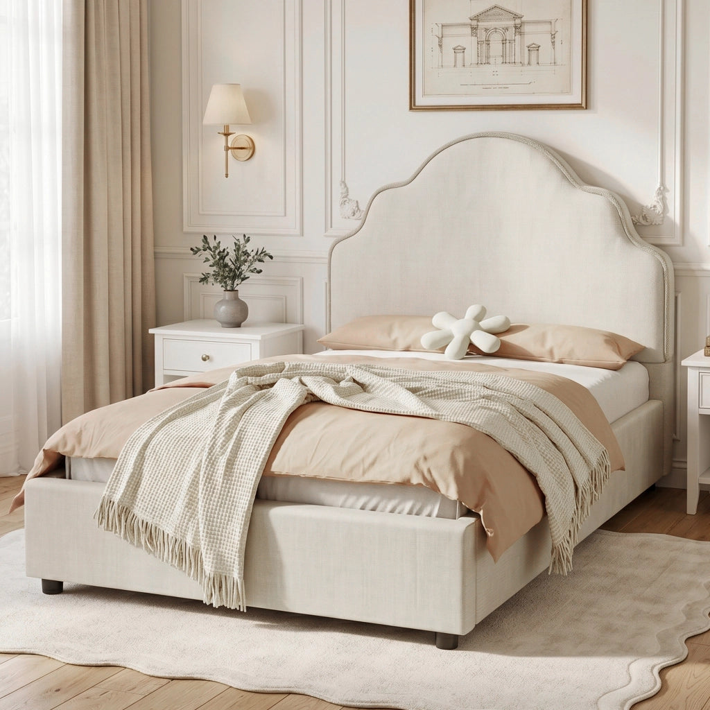 Letto per bambini 90 × 200 cm con testiera imbottita a forma di nuvola, senza materasso, in lino beige