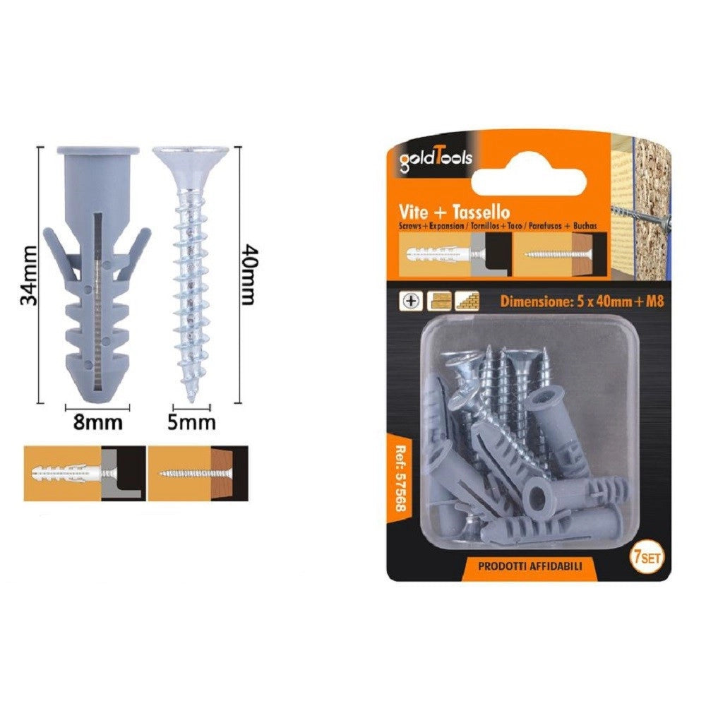 Trade Shop - Set 7 Pz Viti Vite Croce 5x40 Mm + Tasselli Con Alette Tassello M8 Fischer 57568 -