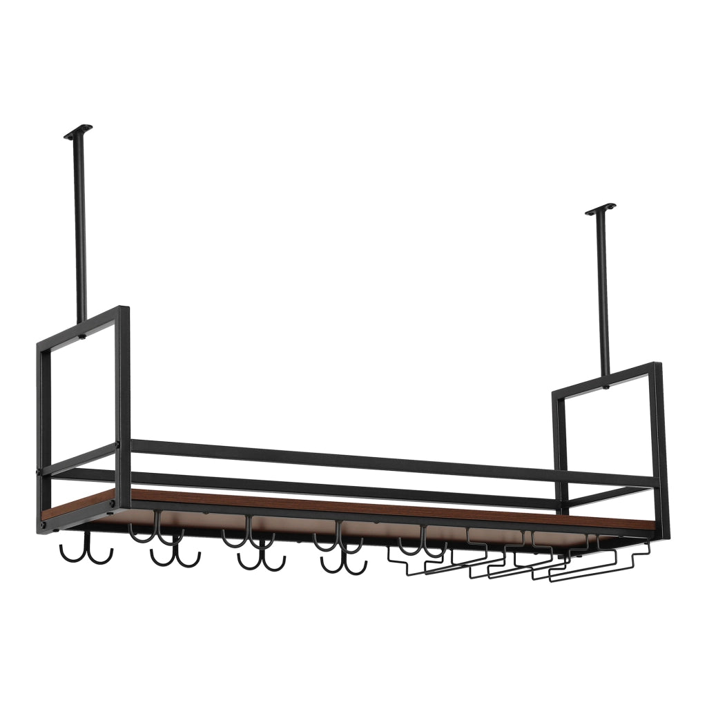 Portabottiglie Sospeso da Soffitto Borejle con Portacalici e Ganci per Tazze 100x30x65 cm Nero / Effetto Noce [en.casa]