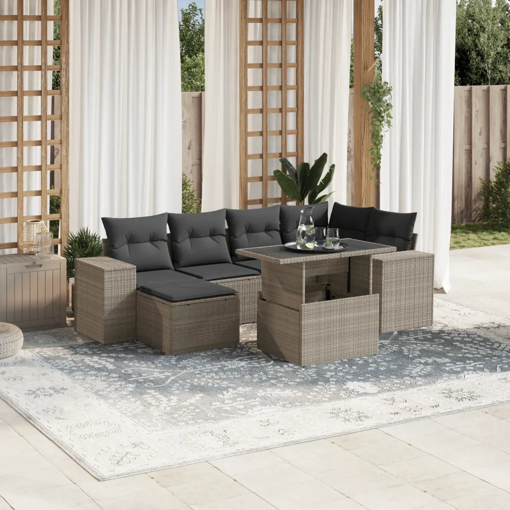 Set Divani da Giardino 7pz con Cuscini Grigio Chiaro Polyrattan