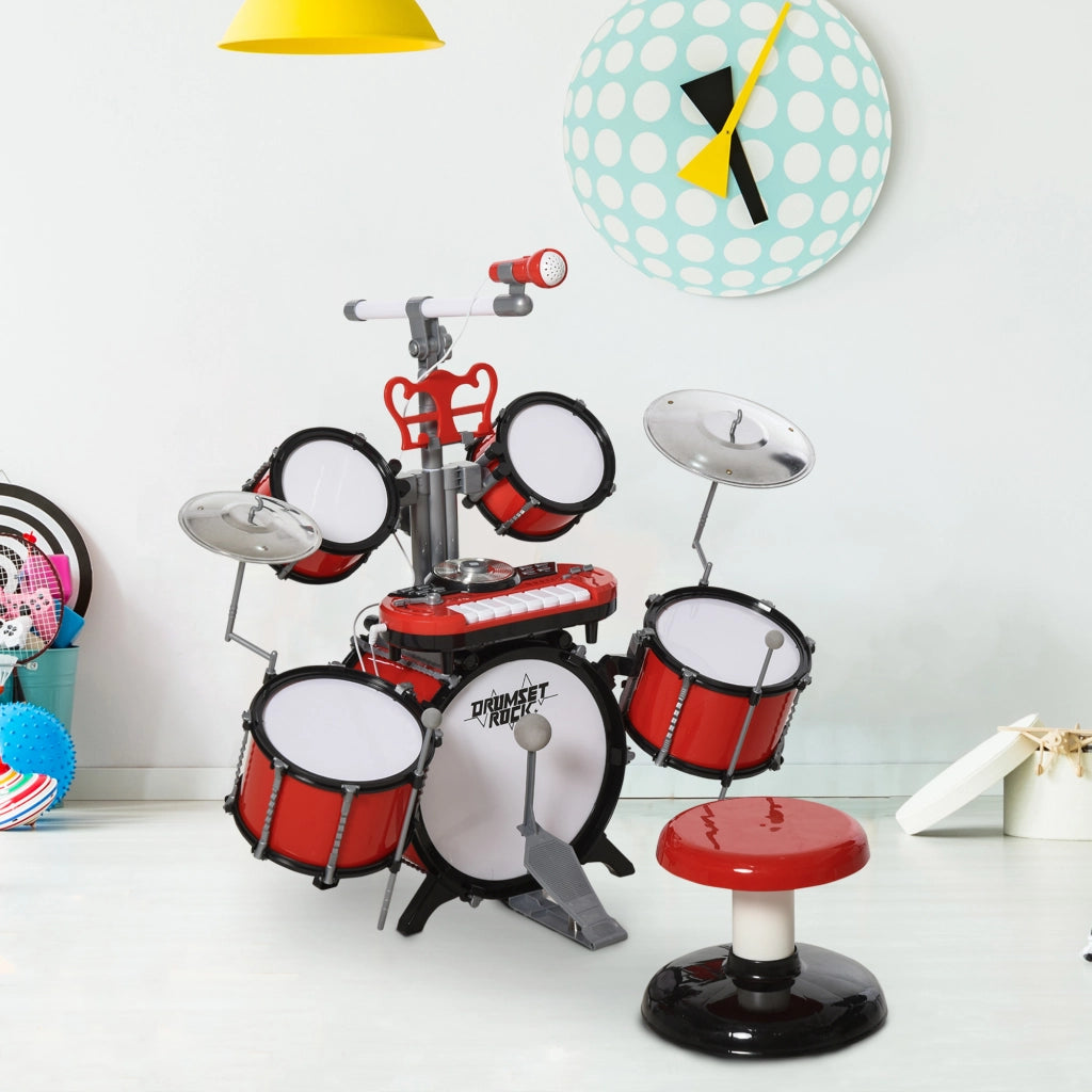 Batteria Musicale per Bambini con Sgabello ¨C Xylo ¨C 4 Tamburi, Microfono, Piatti, Bacchette, Rosso, +3 Anni