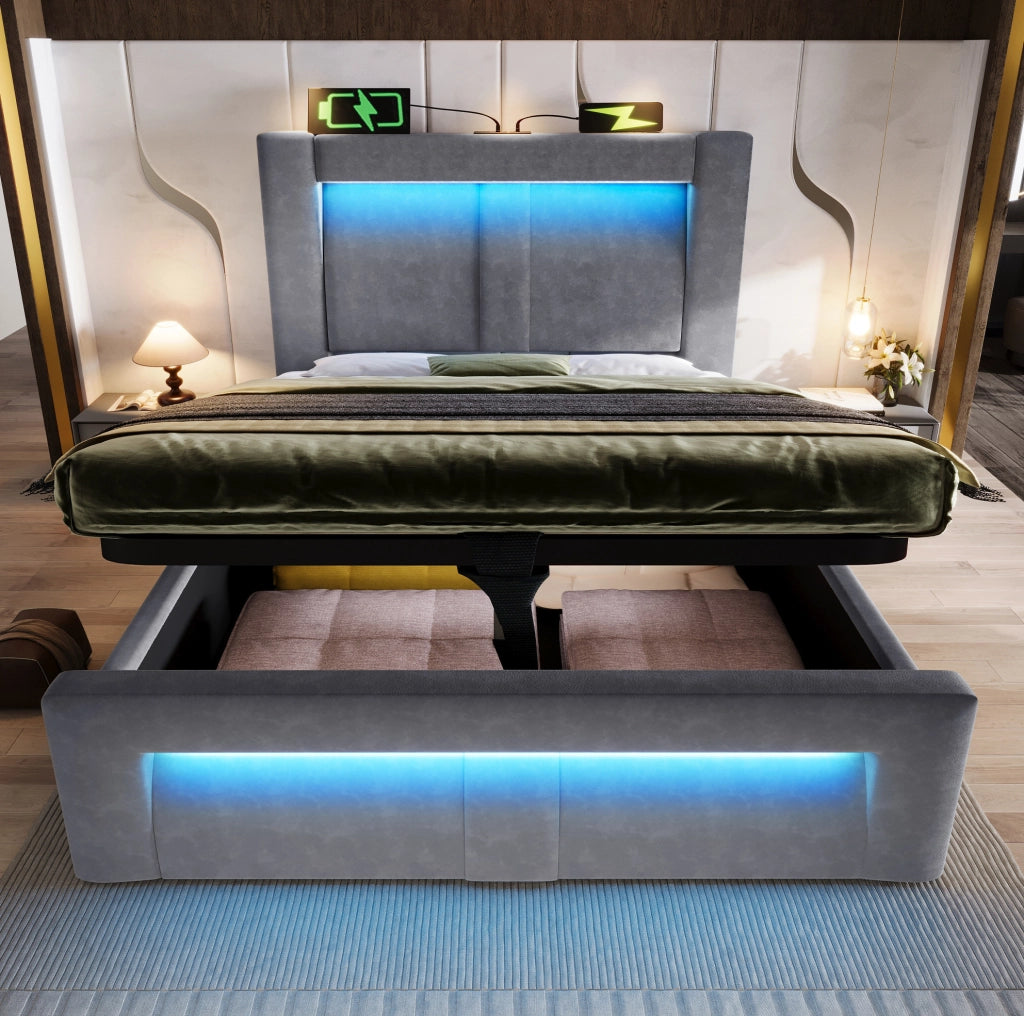 Letto singolo 90x200 cm con contenitore; LED; USB e Type-C in velluto grigio; con materasso