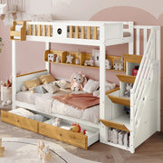 Letto a castello 90x200 cm con scala contenitore; 2 cassetti e ripiani; bianco e naturale