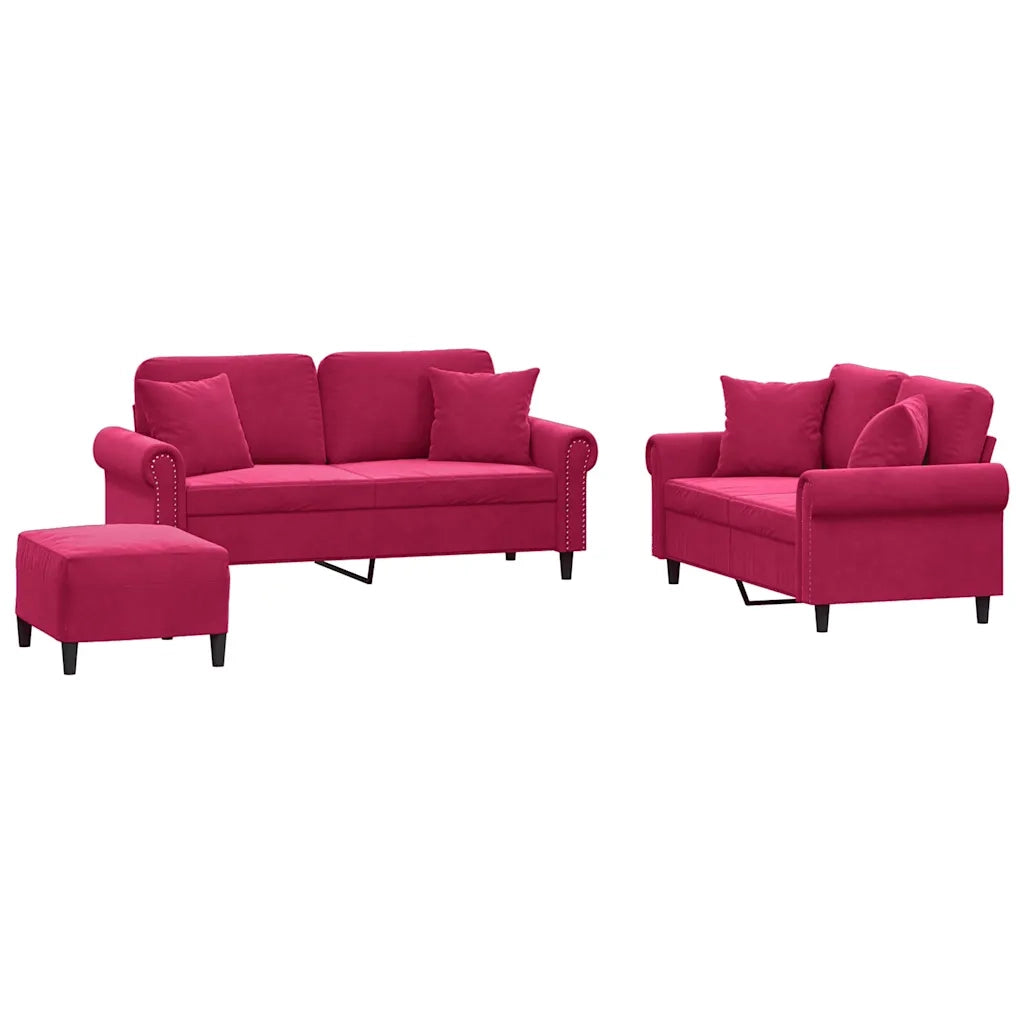Set di Divani 3 pz con Cuscini Rosso Vino in Velluto 3202244