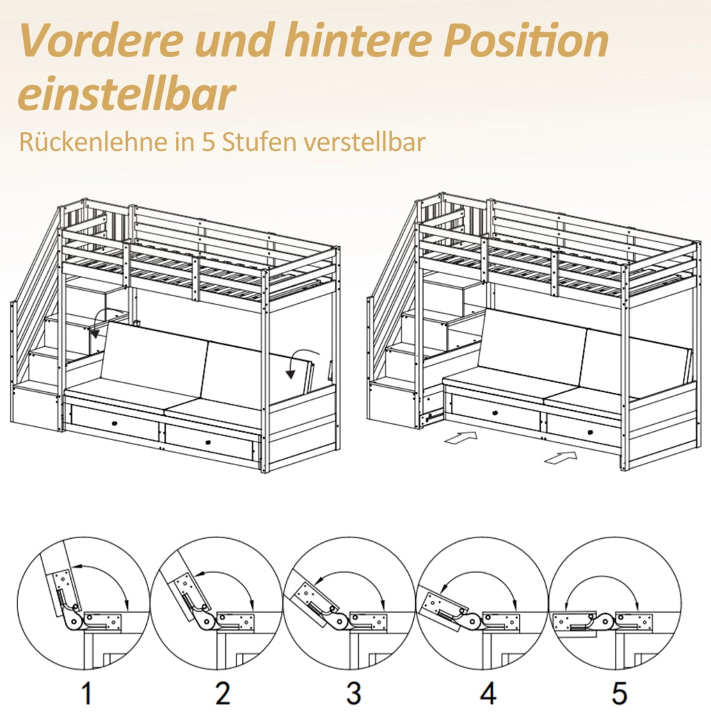 Letto a castello 90x200 cm con divano, scala contenitore e cassetti