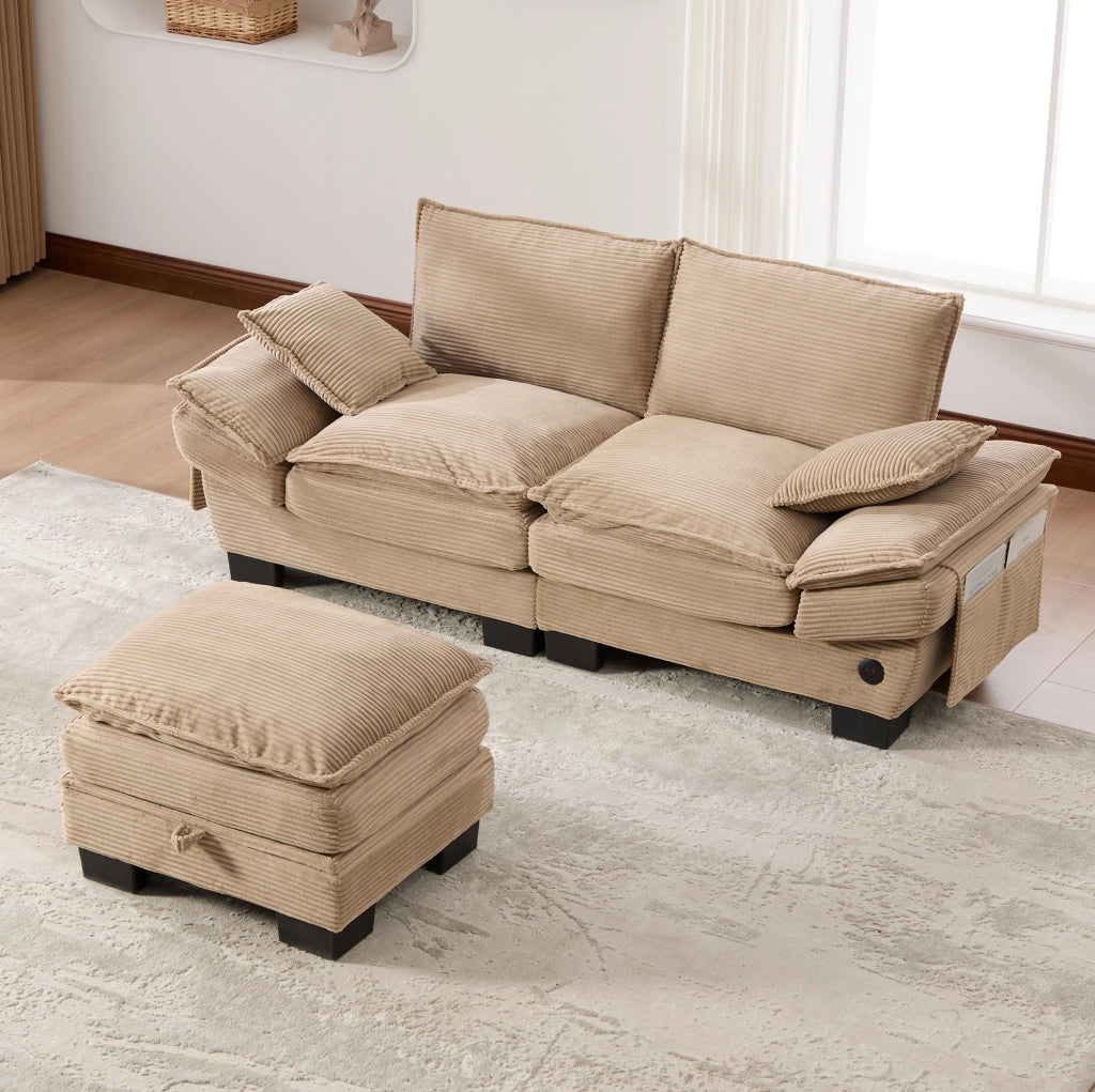 Divano 2 posti con pouf contenitore; USB-C; tessuto corduroy khaki; 190 cm