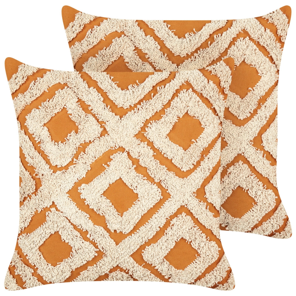 2 cuscini decorativi in cotone arancione e bianco 45 x 45 cm con motivo geometrico
