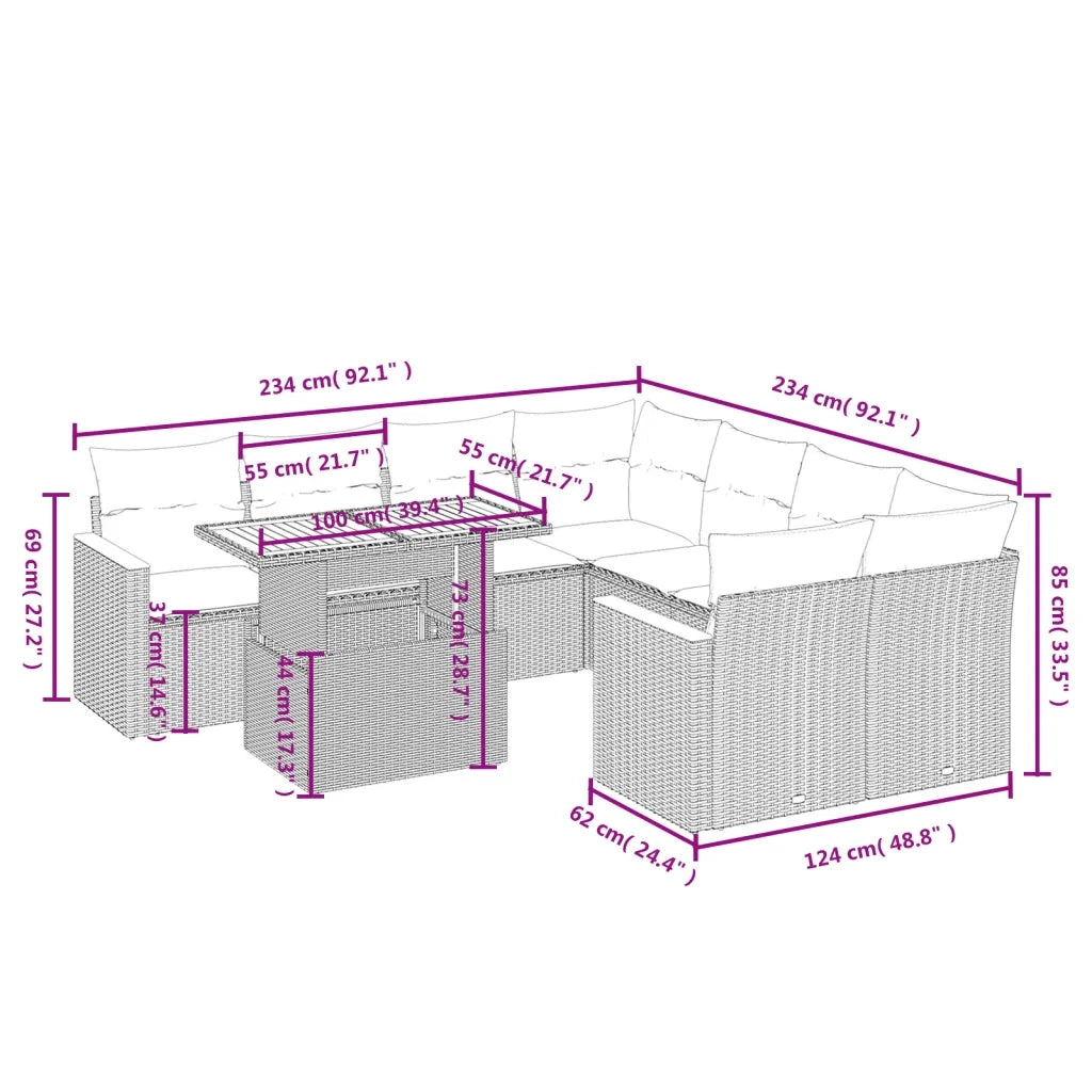 Set Divani da Giardino 9 pz con Cuscini Nero in Polyrattan 3273002