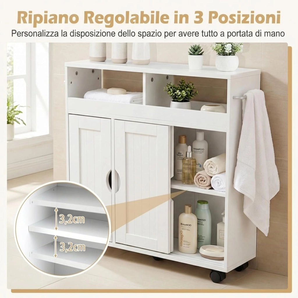 Mobile Bagno con Ruote, Mobiletto Laterale con Ripiano Regolabile, Porta Asciugamani e Ruote, Mobile Indipendente a Terra per Soggiorno, Cucina e Ingresso, 75 x 20 x 72 cm