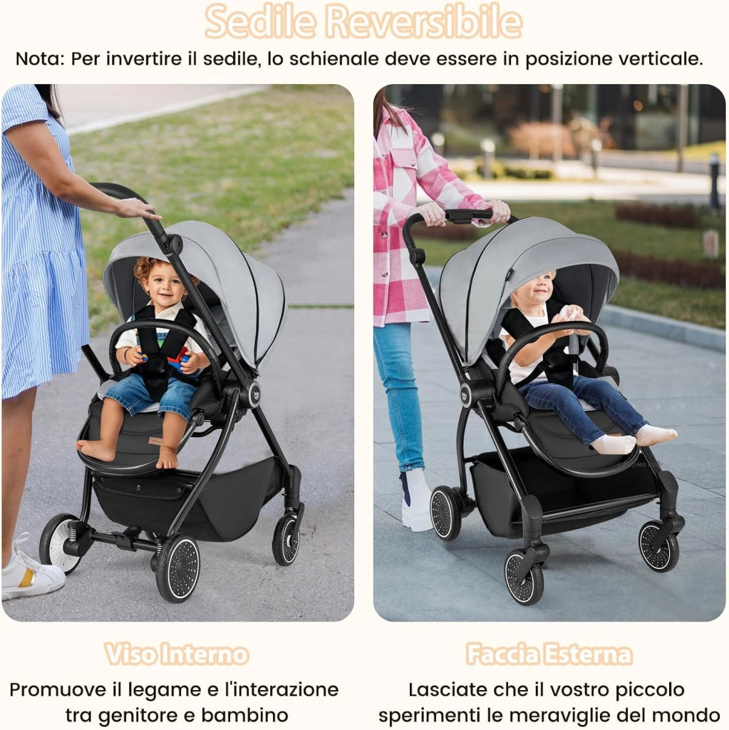 Passeggino per Bambini Reversibile, Passeggino Pieghevole per Neonati con Schienale Reclinabile, Cappotta Regolabile, Cestello Portaoggetti, per Neonati 0-36 Mesi, Portata 15 kg (Grigio)