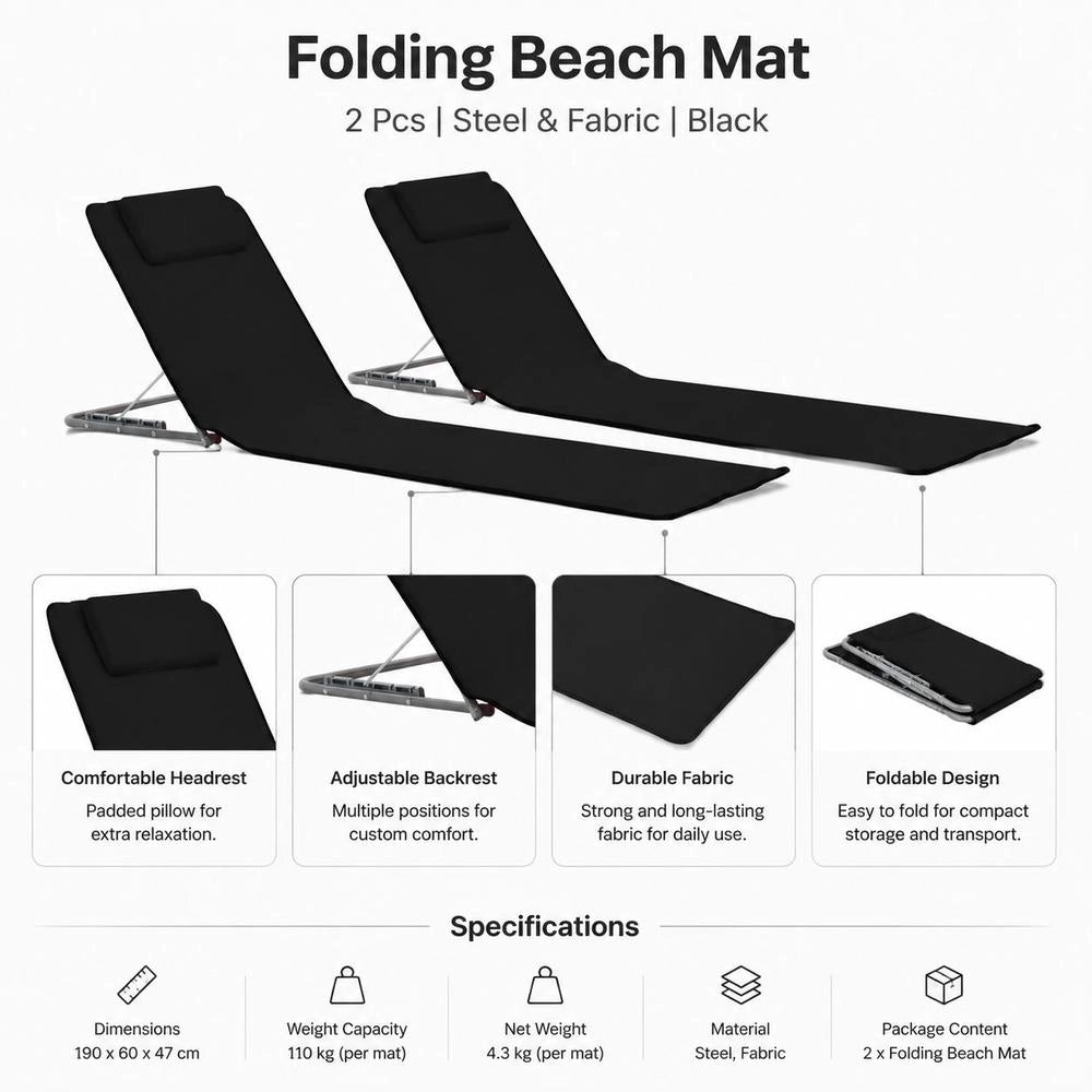 Foldable Beach Mat, 2 Pieces, Steel And Fabric, Black