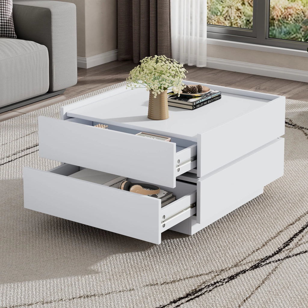 Tavolino da caffè girevole 360°, bianco, con 2 cassetti e vano contenitore, 60×60×38 cm