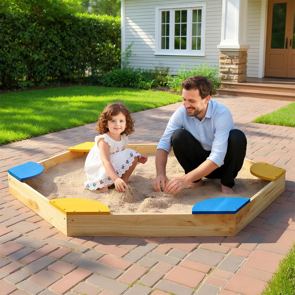 Sabbiera esagonale in legno combo piscina di sabbia e fioriera aperta con 6 sedili comodi, Sabbiera per bambini 3+ anni