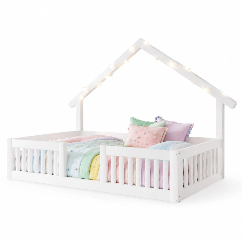 Letto a casetta per bambini con barriera di sicurezza e luci LED; 90 x 200 cm; bianco