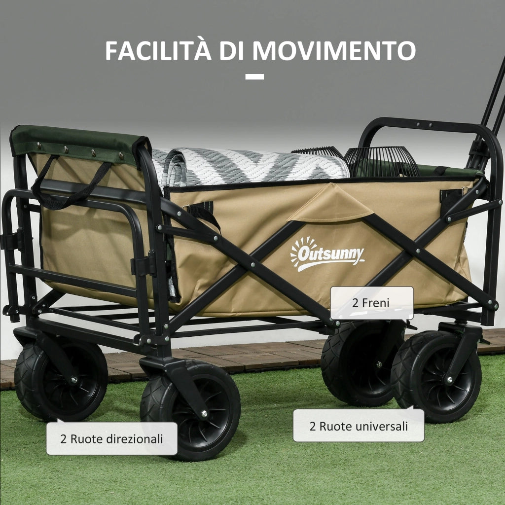 Carrello da Giardino 110L con Maniglia Telescopica e Fondo Apribile in Acciaio e Tessuto Oxford Cachi