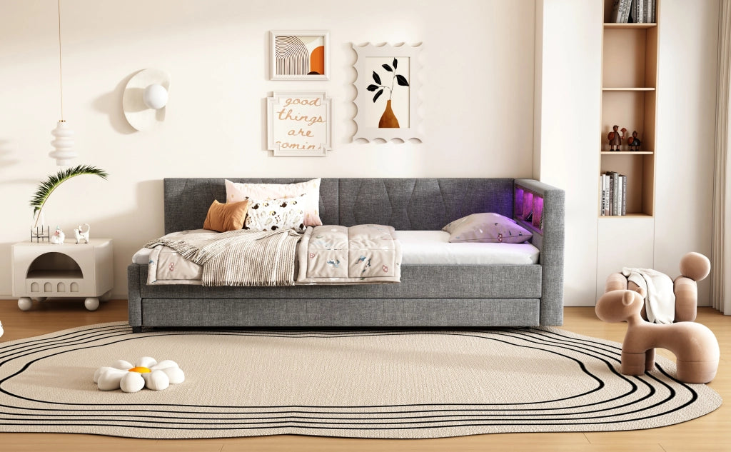 DESMIU Divano letto 90 × 200 cm 1 posto con vani portaoggetti, USB, Type-C e striscia LED, senza materasso, grigio