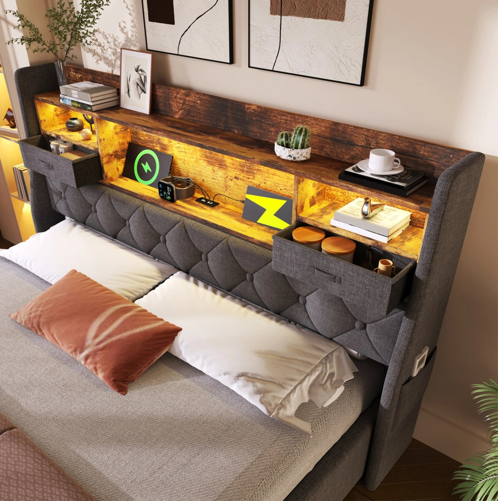 Letto contenitore 160x200 con LED, USB e testiera con ripiani grigio