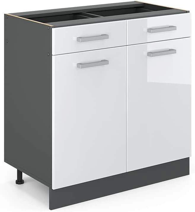 Mobiletto base per cucina R-Line, Bianco lucido, 80 cm senza piano di lavoro, per la libera combinazione all'interno di sistemi cucina modulari