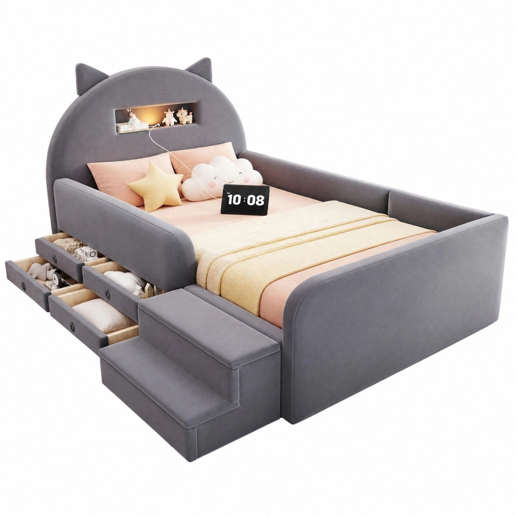 Letto per Bambini 90x200 cm; Letto Singolo con Cassetti; USB e Lampada da Lettura - Grigio Scuro