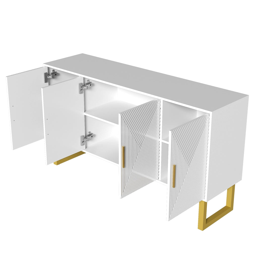 Credenza moderna di lusso con 4 ante, ripiani regolabili, porte lucide strutturate e dettagli oro, bianca 150 × 40 × 82 cm