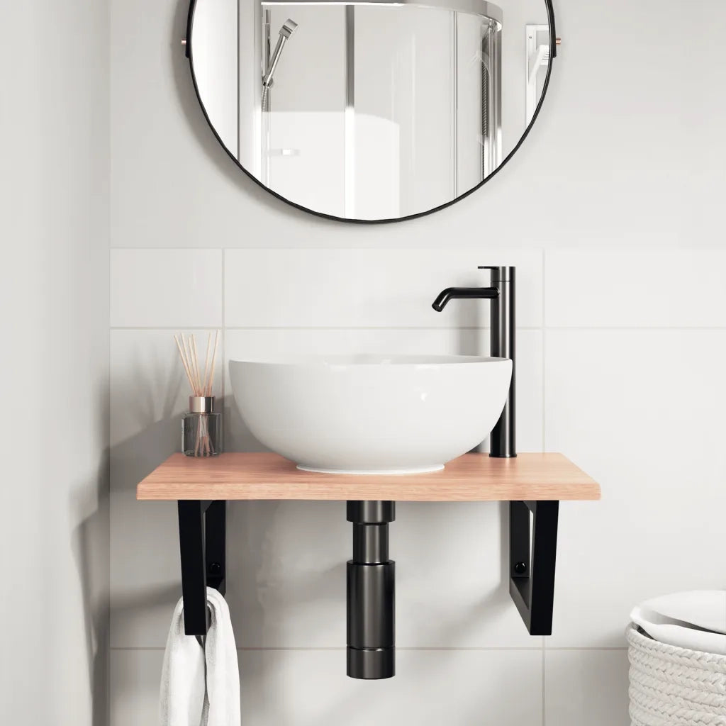 Ripiano a Parete per Lavabo in Acciaio e Massello di Rovere