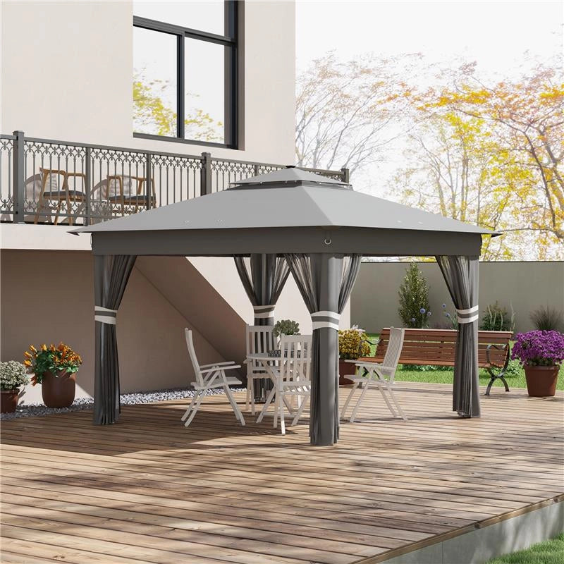GAZEBO DA GIARDINO AD ALTEZZA REGOLABILE CON LUCI LED, IN ACCIAIO E TESSUTO OXFORD, 336X336X250-270 CM, GRIGIO