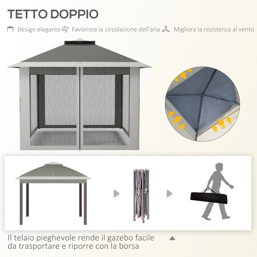 Gazebo da Giardino 330x330x280 cm Altezza Regolabile con Zanzariere in Metallo e Tessuto Oxford Grigio Scuro