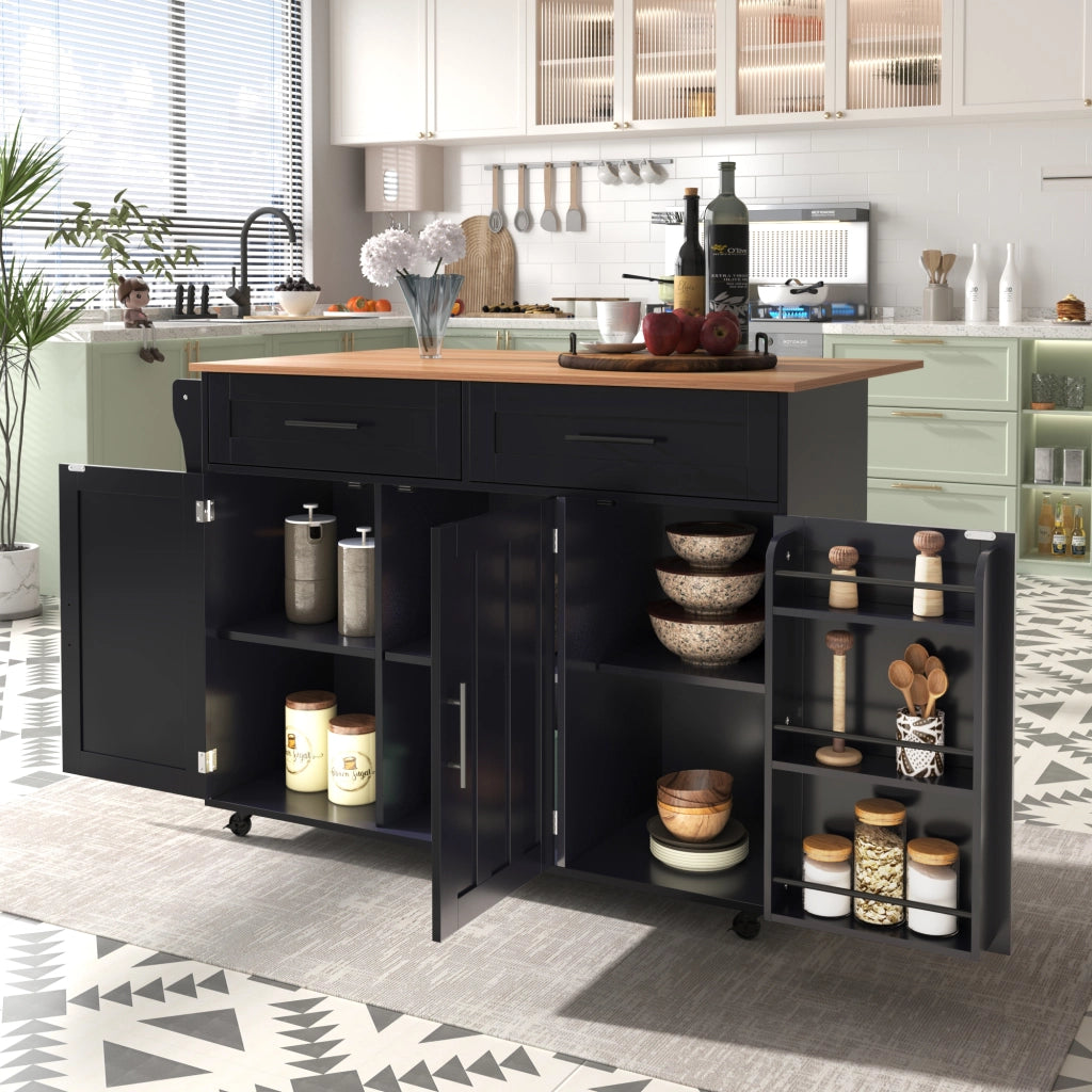 Isola da Cucina Mobile 129x46/71x91,5 cm Nera e Legno con Piano Ribaltabile, 2 Cassetti e 5 Ruote