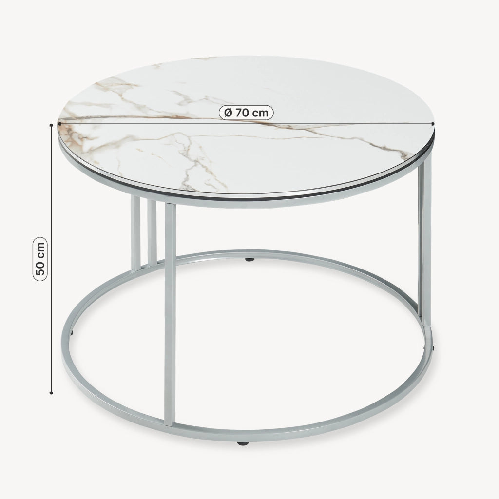 Tavolino Basso da Caffè 'Aulum' Piano Rotondo - Effetto Marmo Bianco / Argentato [en.casa]
