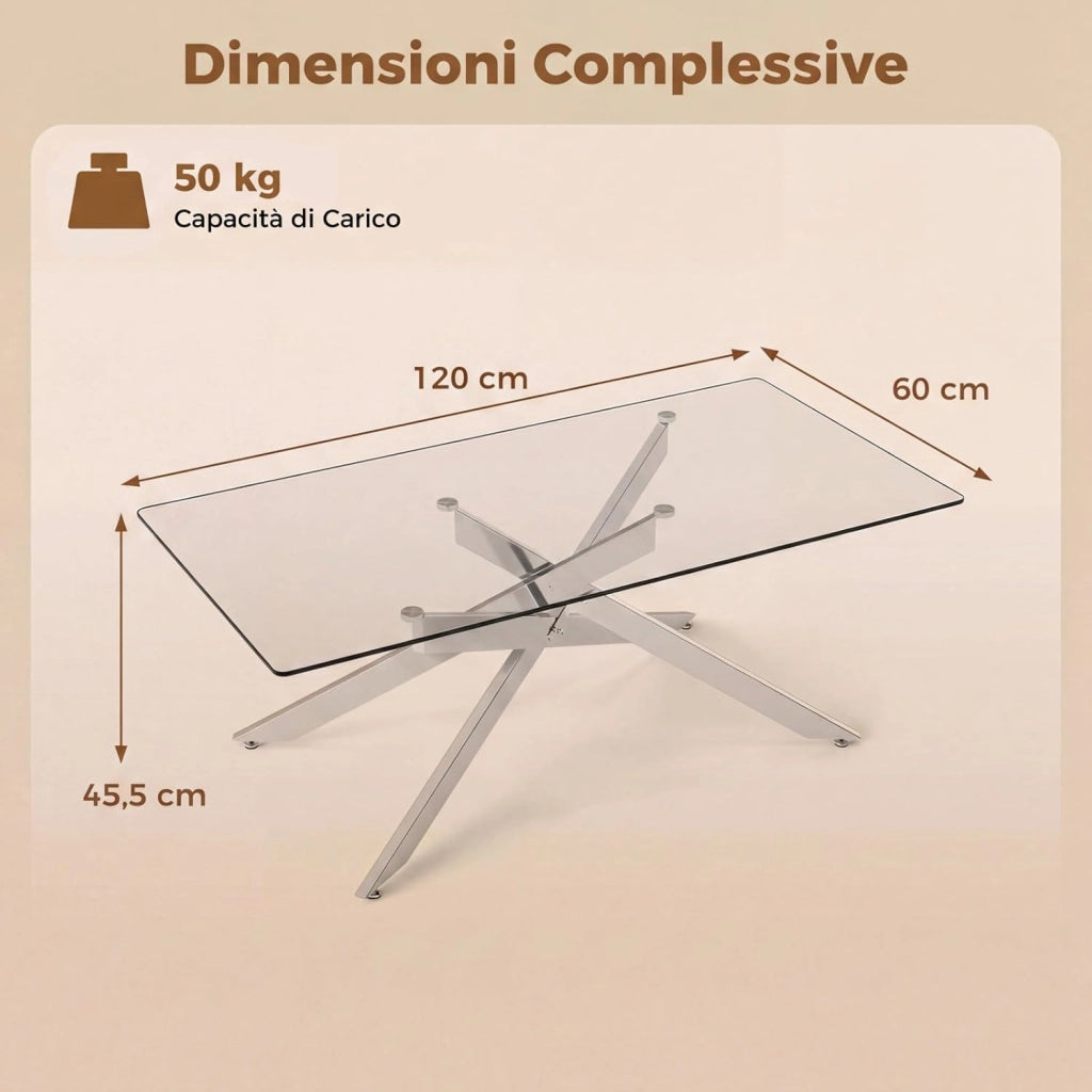 Tavolo da Caffè, Tavolino Salotto in Vetro Temperato con Gambe Incrociate in Metallo Placcato e Piedini Regolabili Antiscivolo, per Soggiorno e Ingresso, 120 x 60 x 45,5 cm (Argento)