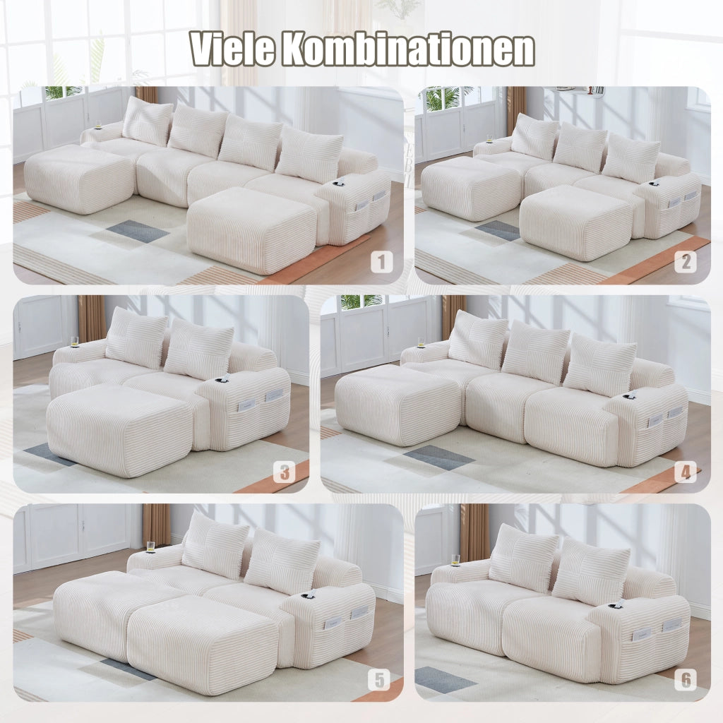 Divano modulare 2 posti con portabicchieri e tasca laterale configurazione flessibile in velluto a coste beige