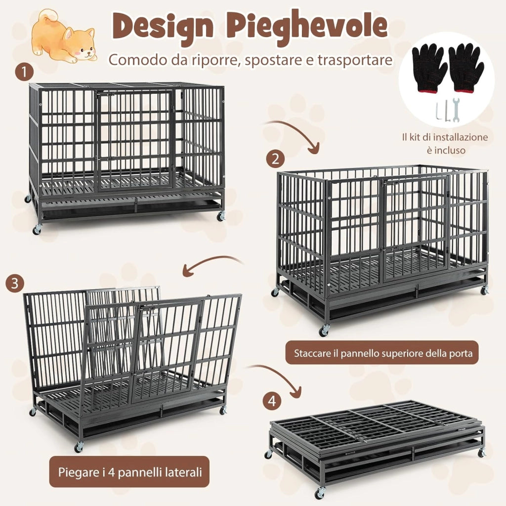 Gabbia per Cani in Metallo Pieghevole, Gabbia per Cani Anti-masticazione con Ruote, Vassoio Rimovibile e 2 Porte, Gabbia da Interno ed Esterno per Cani Media e Grande (120 x 76 x 90 cm)